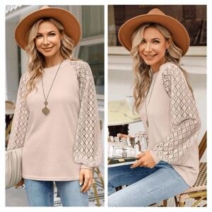 R#47 MIHOLL‎ Womens Long Sleeve Lace Shoulder Waffle Knit Top XL Beige